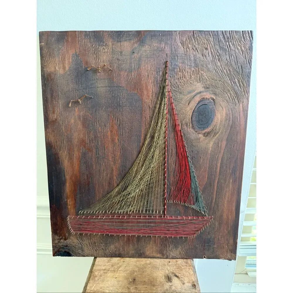 Vintage 70s Sailboat String Art Wall Hanging 18 x 21”